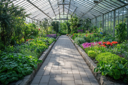 A beautiful walkway surrounded by colorful flowers and lush greenery inside a bright greenhouse.の写真素材