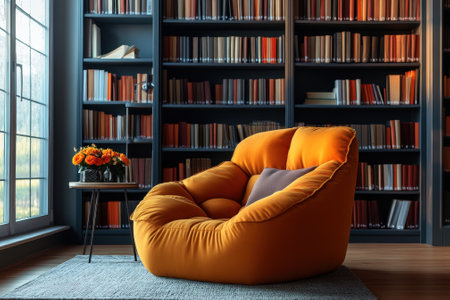 An orange bean bag chair sits invitingly next to a table with flowers in a contemporary library filled with books.の写真素材