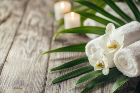 Rolled towels are placed next to candles and a flower, creating a calming spa atmosphere on a wooden table.の写真素材