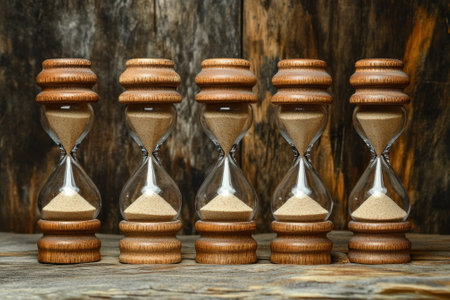 Five identical hourglasses display running sand, emphasizing the concept of time passing and management.の写真素材