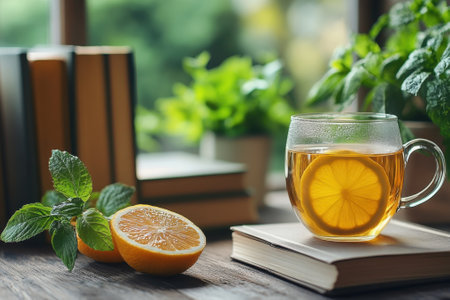 A glass of tea with lemon and mint sits on an open book, surrounded by greenery and sunlight in a cozy setting.の写真素材