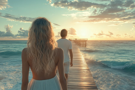 A couple strolls hand in hand on a wooden pier during sunset, with waves crashing against the structure.の写真素材