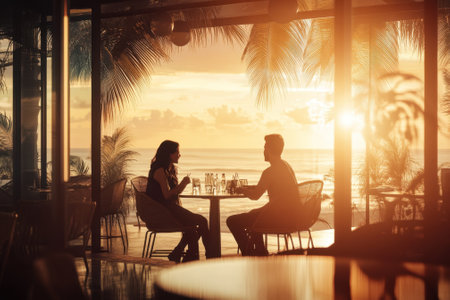 Couple enjoys an intimate dinner as the sun sets over the ocean, creating a warm and romantic atmosphere.の写真素材