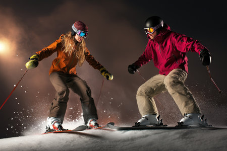 Two skiers navigate down a snowy hill at night, illuminated by bright lights and a dramatic atmosphere.の写真素材