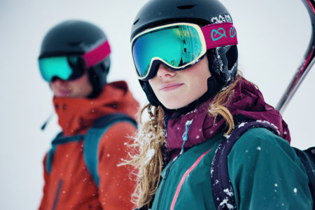 Two skiers don their gear amidst fresh snow, ready for an adventurous day on the mountain.の写真素材