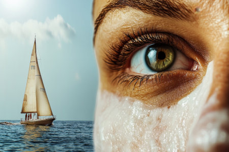 A person gazes at the ocean, with seawater on their face and a sailboat in the distance on a sunny day.の写真素材