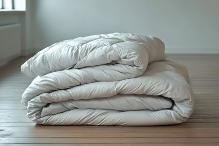 Soft, white quilt is folded and stacked in a spacious, light-filled room with wooden flooring.の写真素材