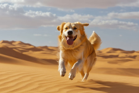 A golden retriever runs playfully across the sandy desert landscape, enjoying the warm sun and open space.の写真素材