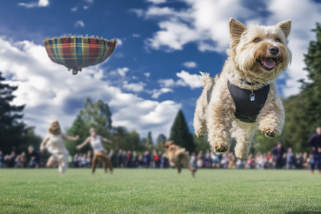 Dogs run across a lush green field as people enjoy a lively outdoor festival with a colorful hot air balloon.の写真素材