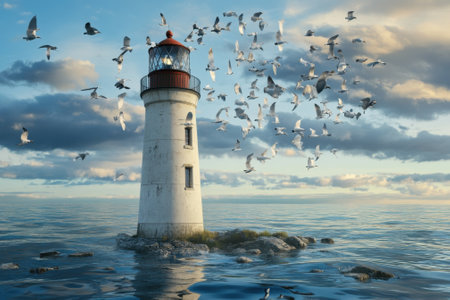 Seagulls swirl around a lighthouse as dawn breaks over calm waters, creating a serene coastal view.の写真素材