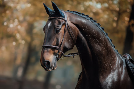 A brown horse exhibits beauty and strength in a serene autumn forest setting with golden foliage.の写真素材