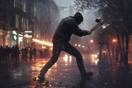 A figure in a hoodie raises an ax amid heavy rain on a wet city street filled with shadows and lights.の写真素材