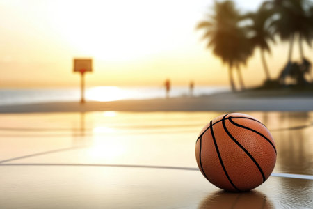 A basketball rests on the court as the sun sets over the ocean, casting warm colors across the sky and water.の写真素材