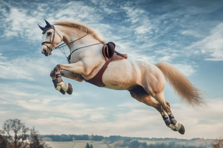 A beautiful horse soars through the air, showing its strength and agility in a rural landscape.の写真素材