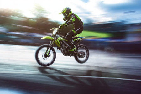 A rider accelerates on a motorcycle, showing remarkable skill and speed at a racing event.の写真素材