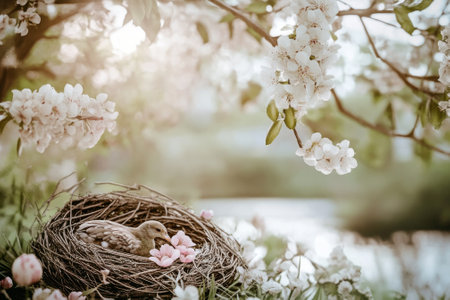 A small bird is nestled in a nest with pink blossoms, set by a peaceful pond under flowering trees.の写真素材