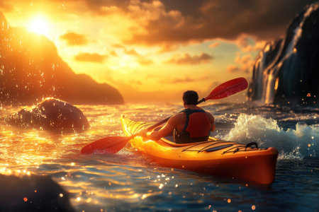 A kayaker navigates through sparkling waters as the sun sets behind a rugged coastline, creating a stunning golden glow.の写真素材