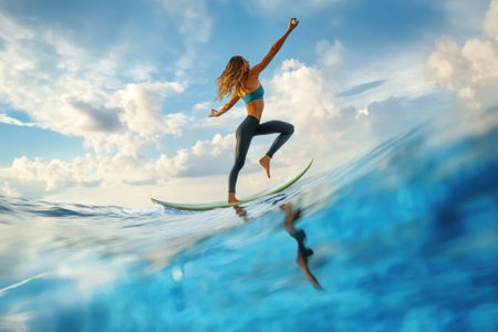 A person skillfully rides a green surfboard on clear ocean waves under a bright sky.の写真素材
