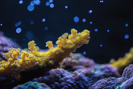 A vibrant coral formation stretches across the sea floor, surrounded by bubbles and diverse marine life.の写真素材