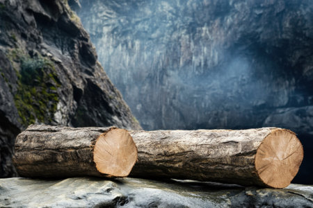 Two wooden logs are placed on a rocky surface amidst a serene mountain backdrop with light mist.の写真素材