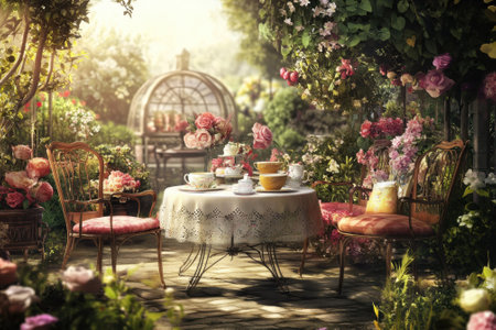 A charming garden features a tea party setup with delicate seating surrounded by blooming flowers under warm sunlight.の写真素材