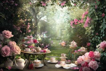 A beautifully arranged tea party with delicate china nestled among blooming roses in a serene garden setting.の写真素材