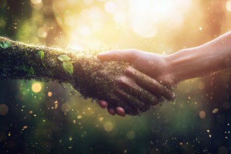 A handshake between a human hand and a hand made of moss and leaves highlights the connection with nature in a forest.の写真素材