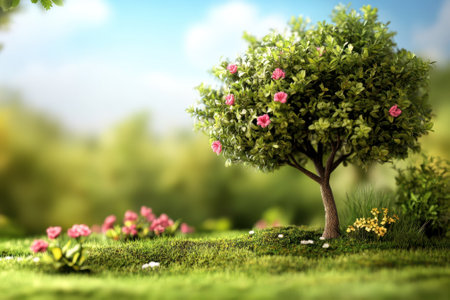 A beautiful tree with pink blooms stands in a vibrant garden filled with colorful flowers under clear skies.の写真素材