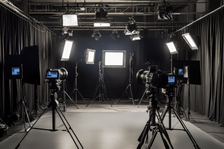 A pro studio with multiple cameras and bright lights set up for photo shoots.の写真素材