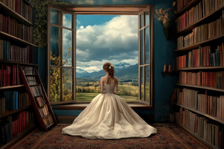 Woman in a beautiful gown sits by a window in a library, admiring a stunning mountain view and cloudy sky.の写真素材