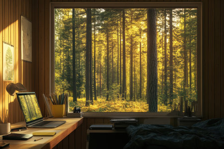 Natural light fills a wooden workspace overlooking a vibrant forest, creating a serene atmosphere.の写真素材