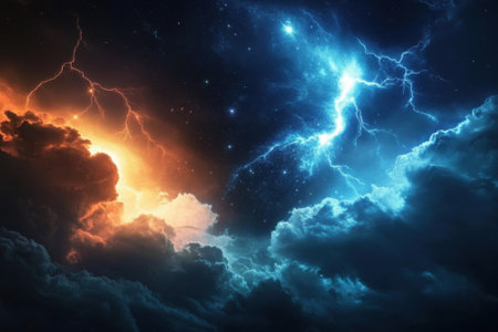 Bright flashes of lightning illuminate dark storm clouds as colors blend in a dramatic sky at night.の写真素材