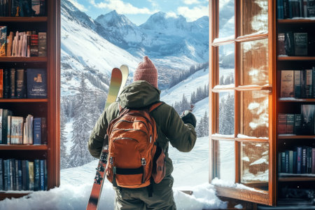A skier stands in a library with a view of majestic mountains, ready for an exciting winter adventure.の写真素材