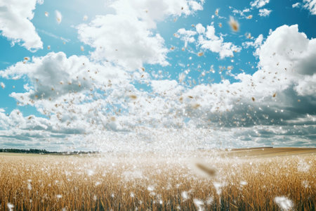 Sunlight glimmers on ripe wheat in a vast field while fluffy clouds drift overhead, creating a serene atmosphere.の写真素材