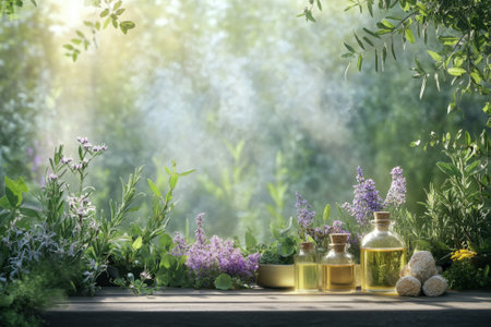Various glass bottles containing herbal oils are arranged on a wooden surface surrounded by lush greenery.の写真素材