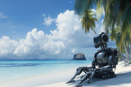 A robot sits on the sandy beach, enjoying the serene ocean view and clear, sunny skies.の写真素材