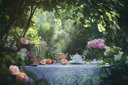 A beautifully arranged table in a lush garden features tea, flowers, and fresh oranges beneath bright sunlight.の写真素材