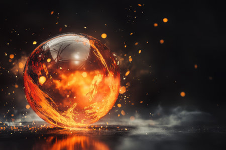 A vibrant molten sphere emits light and sparks while smoke swirls around it in a dark setting.の写真素材