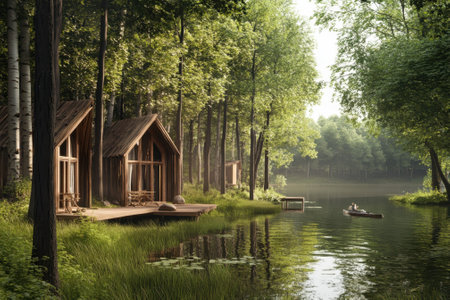 Two rustic cabins sit by a tranquil lake, surrounded by greenery, reflecting a calm morning atmosphere.の写真素材