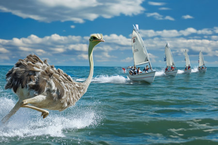 An ostrich is sprinting across the water as sailboats float smoothly nearby on a clear, sunny day.の写真素材