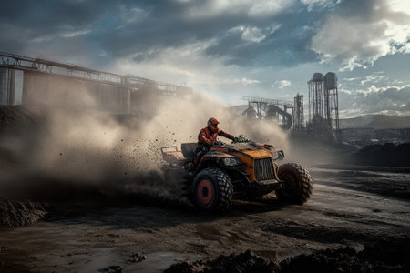 A rider skillfully drives an all-terrain vehicle, kicking up dust at a construction site as clouds gather overhead.の写真素材