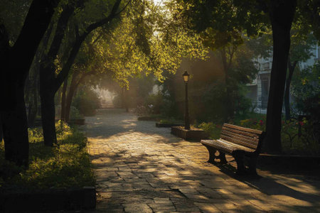 Sunlight streams through branches, illuminating a quiet park pathway with a bench on the side.の写真素材