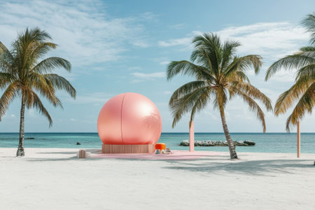 A vibrant pink sphere rests on the sandy beach, flanked by tall palm trees and a clear ocean view.の写真素材