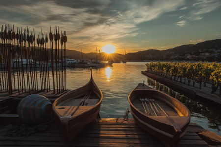 Boats rest at a dock while the sun sets behind rolling hills and vineyards, creating a serene atmosphere.の写真素材