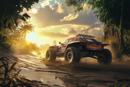 A powerful off-road vehicle drives through a muddy track surrounded by lush vegetation, sunset lighting the scene.の写真素材