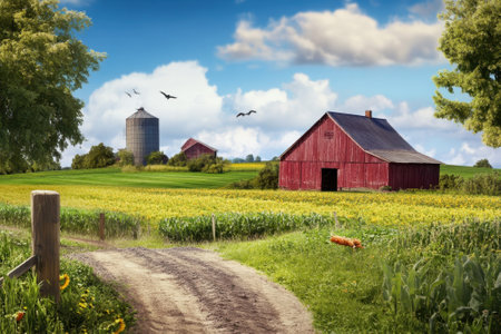 A peaceful countryside view features red barns amidst vibrant green fields and a clear blue sky.の写真素材