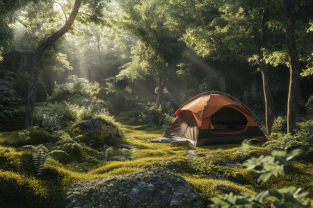 A vibrant camping tent is set up in a lush, green forest with sunlight streaming through the trees.の写真素材
