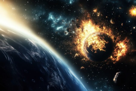 A planet is engulfed in flames and explosions while Earth observes the cosmic disaster from a distance.の写真素材