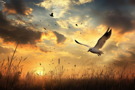 Birds glide gracefully through the sky as the sun sets over a vibrant field, casting warm tones.の写真素材