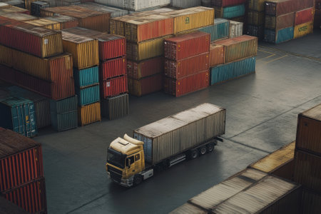 A truck drives through a bustling freight yard lined with vibrant shipping containers during daylight.の写真素材
